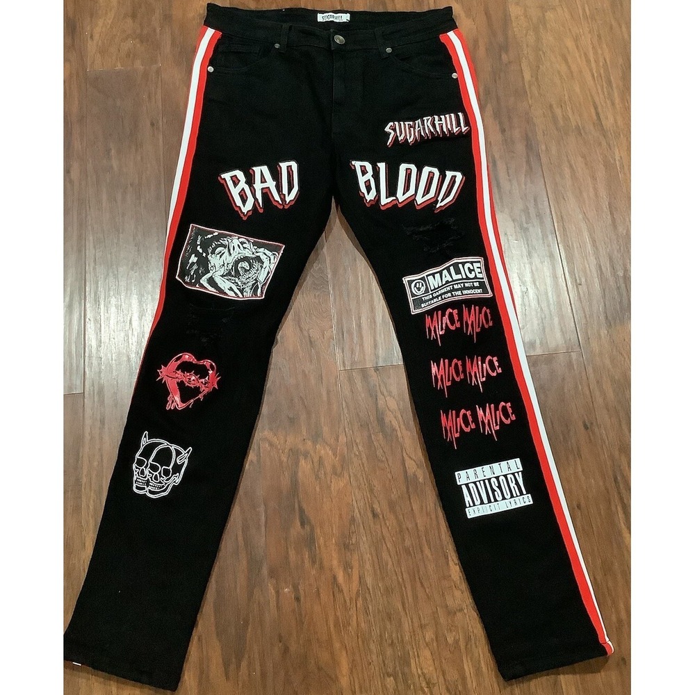 Sugarhill Black Red Malice Skinny Destroyed Dark Fashion Jeans Size 34 NWOT